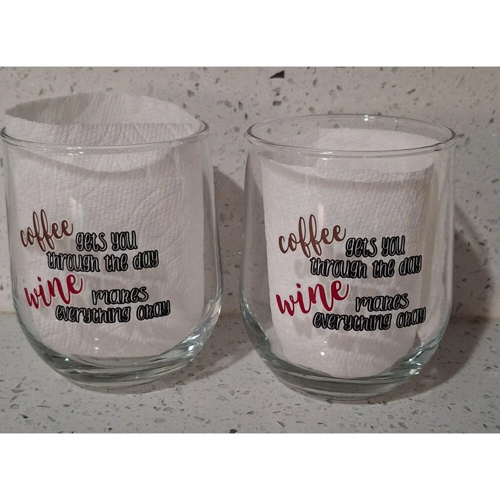 Stemless Wine Glasses 2 Coffee Gets You Through the Day Wine Makes Everything Ok